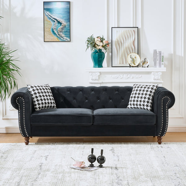 English Elm 87"Chesterfield Velvet Upholstery Sofa with Roll Armrests & Nailhead Trim, 3-Seater Luxurious Midcentury Design Black W3373S00009