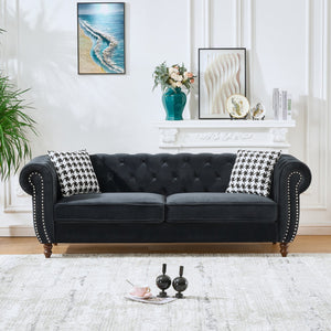 English Elm 3+3 Seater Chesterfield Sofa In Luxurious Black Velvet – Classic Charm For Living Room & Office Spaces W3373S00015