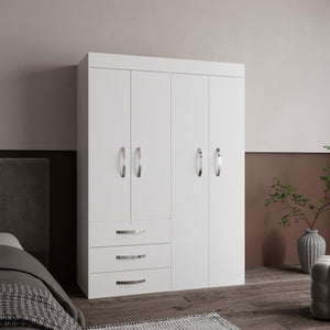 English Elm Hamilton Mobile Armoire with 4 Doors, 3 Drawers, Dual Hanging Rods and Multiple Shelves for Organized Storage and Durable Engineered Wood Finish White 70.47 L x 23.23 W x 4.33 H B097S00230