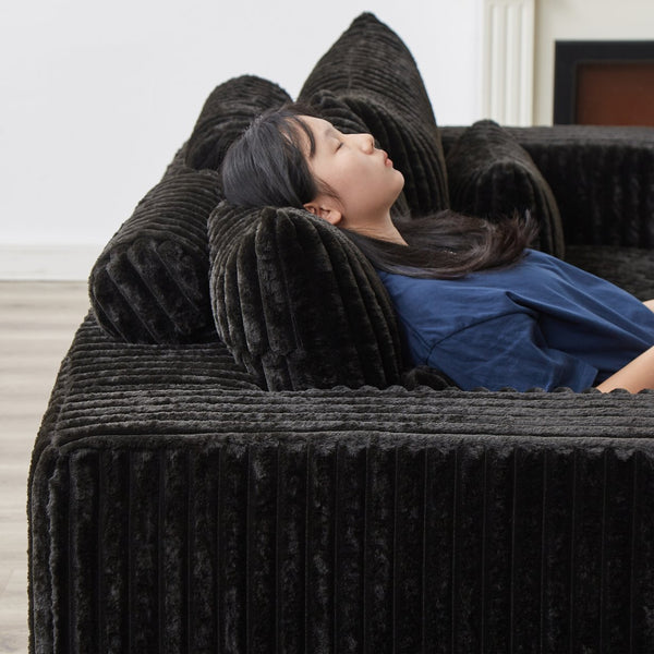 English Elm 87" Oversized Sectional Lounge Chaise - Cloud-Like Comfort In Stylish Black Corduroy With Footstools W834S00333