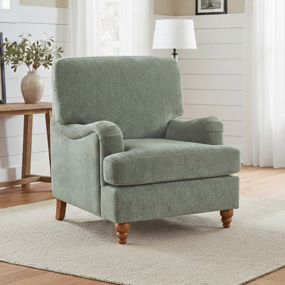 English Elm Candor Overstuffed Accent Chair with English Roll Arms and Walnut Turned Legs Sage B050P466461
