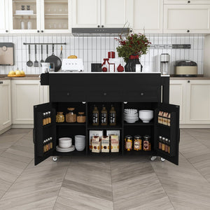English Elm 74.8" Rolling Kitchen Island Extendable Marble Veneer Top with Power Outlet and Storage W2700S00106