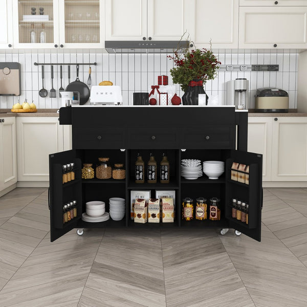 English Elm 74.8" Rolling Kitchen Island Extendable Marble Veneer Top with Power Outlet and Storage W2700S00106