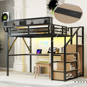 English Elm Twin Metal High Loft Bed with Staircase Storage Wardrobe for Kids and Teens W2580S00054