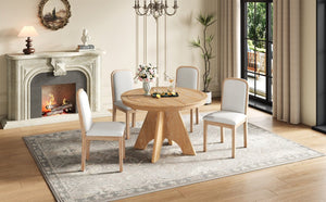 English Elm Trexm Rustic Farmhouse Extendable Dining Set Seats Six with Upholstered Rubberwood Chairs Natural Wood Wash ST000152AAD