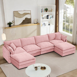 English Elm Modular U-Shaped Sectional Sofa, 4-Seater Pink Chenille Couch With Movable Ottomans For Custom Comfort W1359S00037