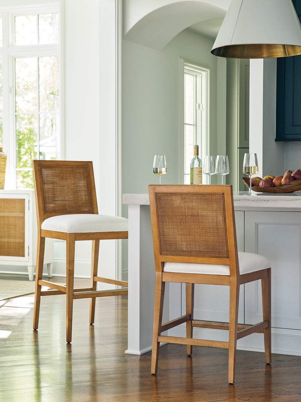 Lexington Barclay Butera Cleo Counter Stool - Elegant Upholstered Design With Woven Cane Back And Luxe Burnished Brass Kickplate Table Rock  934-895-01