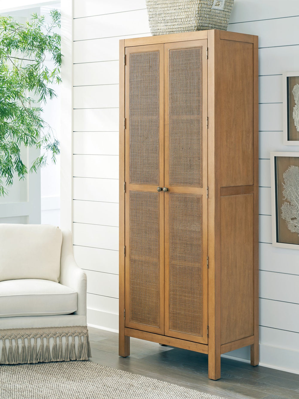 Lexington Barclay Butera Surf Storage Cabinet With Woven Cane Doors, Adjustable Shelves, Soft-close Drawers & Cord Management Table Rock  934-975