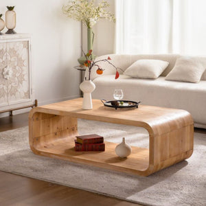 English Elm Modern Racetrack Oval Coffee Table Light Wood Veneer Open Shelf Airy Living Room W3081P352094