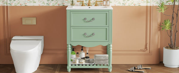 English Elm 24'' Vintage Bathroom Vanity with Ceramic Sink Soft Close Drawers Open Shelf Green N710P411237F