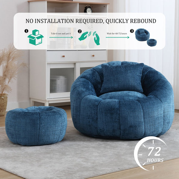 English Elm UNITED Cloud-Luxe Chenille Memory Foam Bean Bag Chair with Ottoman and Pillow for Ultimate Comfort Peacock Blue W1568P361694