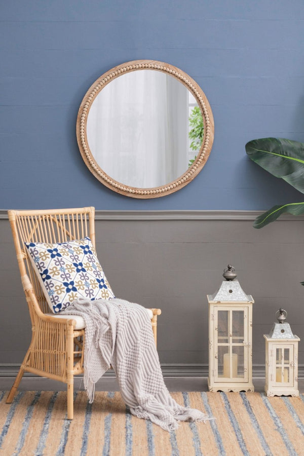English Elm D30" Lowley Round Beaded Wood Frame Wall Mirror Bohemian Rustic Accent Decor W2078P296026