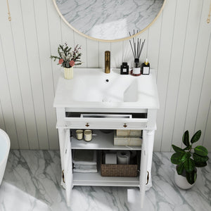 English Elm 27.8" Mid-century Freestanding Bathroom Vanity with Ceramic Sink Drawer and Wood Base White W1801S00006