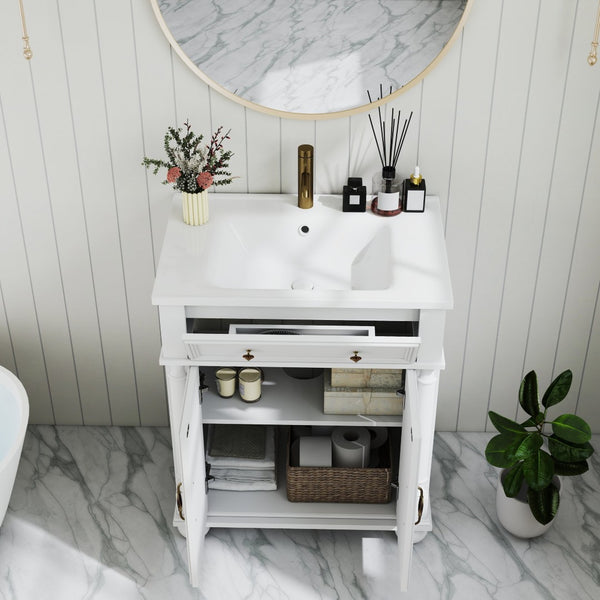 English Elm 27.8" Mid-century Freestanding Bathroom Vanity with Ceramic Sink Drawer and Wood Base White W1801S00006