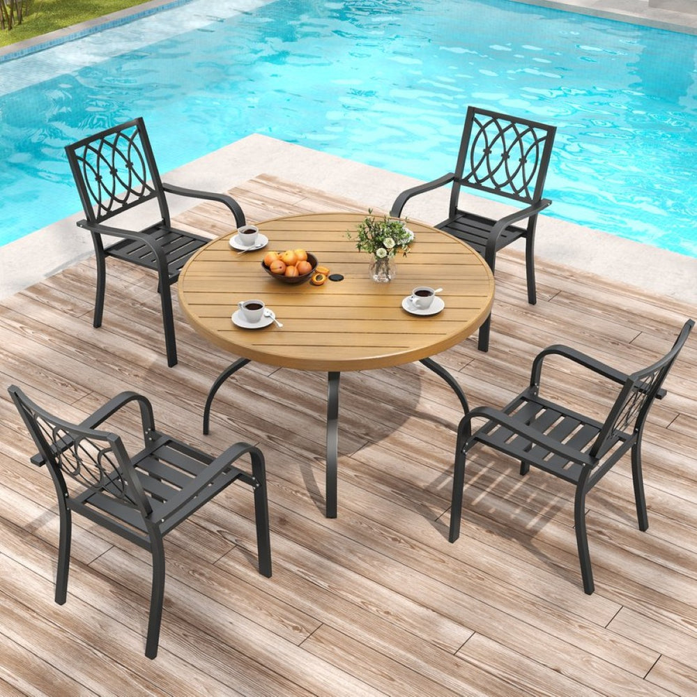 English Elm 5-piece Outdoor Round Dining Set Wood-grain Slat Table Stackable Steel Chairs Garden Black+Natural W3979S00022