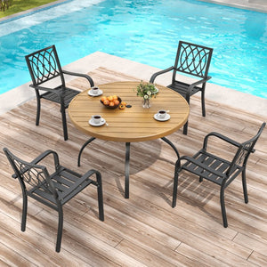 English Elm 5-piece Outdoor Round Dining Set Wood-grain Slat Table Stackable Steel Chairs Garden Black+Natural W3979S00022
