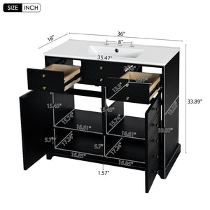 English Elm 36'' Bathroom Vanity with Ceramic Sink Combines Retro Solid Wood Frame, Soft-Close Drawers & Ample Storage Black N710P195628B