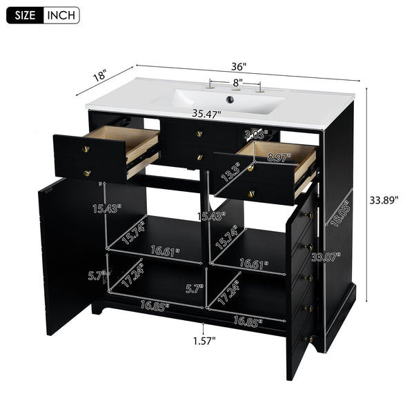 English Elm 36'' Bathroom Vanity with Ceramic Sink Combines Retro Solid Wood Frame, Soft-Close Drawers & Ample Storage Black N710P195628B