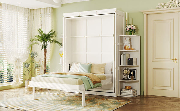 English Elm Rotating Murphy Wall Bed with Convertible Desk Dual Side Shelves Full Size Mdf Cabinet White LP000961AAK