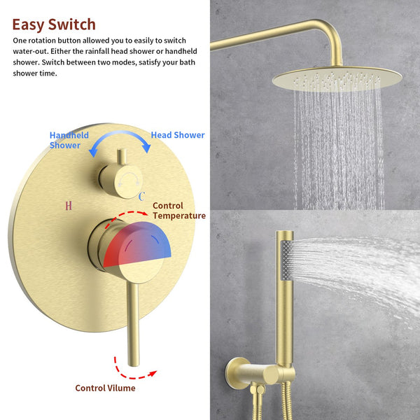 English Elm Shower Modern Wall-Mounted 10" Rainfall System in Matte Black with Brass Valve, Handheld, Sleek Design T3177P363596