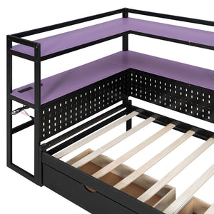 English Elm Twin Gaming Daybed with Led Strips Desk Pegboard Bookcase and Three Storage Drawers Purple+Black N820S00083I