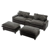 English Elm 112.6" Sectional Sofa Chenille Upholstered Sofa With Two Removable Ottoman, Two Usb Ports, Two Cup Holders and Large Storage Box For Living Room, Black