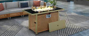 English Elm K&K 43" Propane Gas Fire Pit Table 60000 BTU Open Weave Wicker with Glass Wind Guard & Blue Stones orange-yellow N707P210158Z