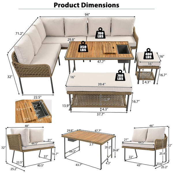 English Elm K&K 6-Piece Rope Patio L-Shaped Sectional Set with Acacia Wood Ice Box Table and Deep Cushions Beige+Brown N707S000014Z