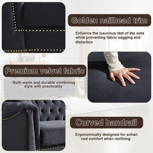 English Elm 3-seater Modular Chesterfield Velvet Sofa Tufted Gold Stud Detail for Elegant Living Rooms Black+Blue W1926S00100