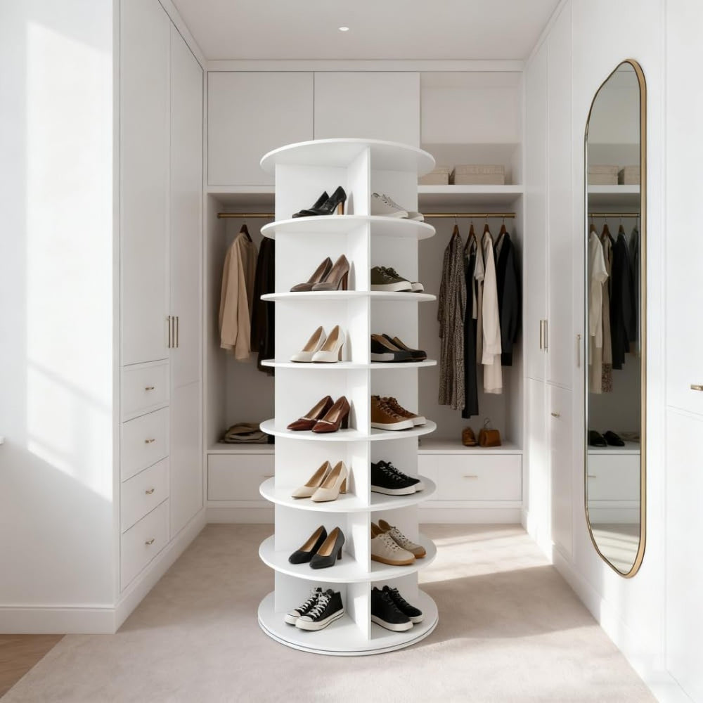 English Elm 7 Tier Spinning Shoe Tower with 360 Rotation Holds 28 Pairs for Closets and Entryways W5109P408458