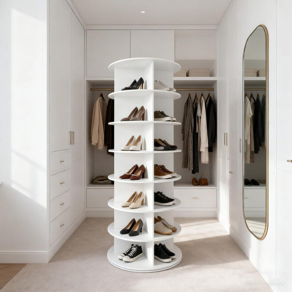 English Elm 7 Tier Spinning Shoe Tower with 360 Rotation Holds 28 Pairs for Closets and Entryways W5109P408458