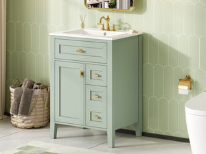 English Elm "24'' 24 Inch Glossy Freestanding Bathroom Vanity with Gold Hardware and Soft Close Storage Green Rubberwood N725P448529F