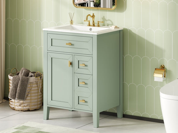 English Elm "24'' 24 Inch Glossy Freestanding Bathroom Vanity with Gold Hardware and Soft Close Storage Green Rubberwood N725P448529F