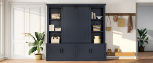 English Elm The Industrial Barn Door Entryway Cabinet with Sliding Rails and 12 Storage Compartments Blue W1580S00272