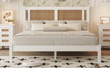 English Elm Queen Size Wood Platform Bed With Natural Rattan Headboard,Exquisite Elegance With Minimalist Charm For Bedroom,White