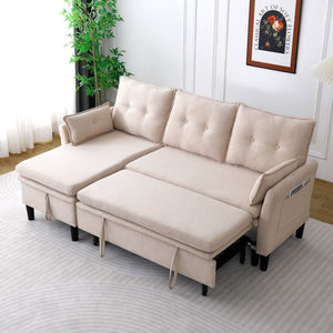 English Elm L-Shaped Reversible Chaise Sectional Sofa with Storage and Fold-Out Bed Cotton-Linen Modern Design Beige W3371S00024