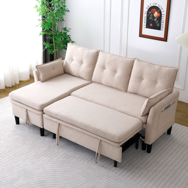 English Elm L-Shaped Reversible Chaise Sectional Sofa with Storage and Fold-Out Bed Cotton-Linen Modern Design Beige W3371S00024