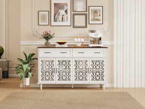 English Elm Vintage Farmhouse Sideboard with Hand-carved Doors Two-tone Distressed Wood Finish W688P360028