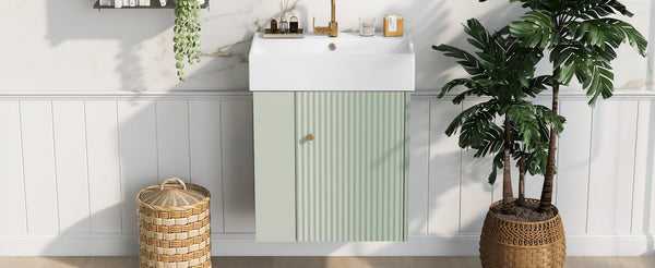 English Elm 21.6 Modern Floating Bathroom Vanity with Ceramic Basin, Wave Door, Rose Gold Handle, Space-Saving Green N729P170390F