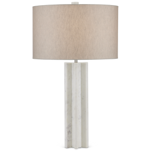 Mercurius Marble Table Lamp - Contemporary Design with Natural Linen Shade, Unique Gear Shape