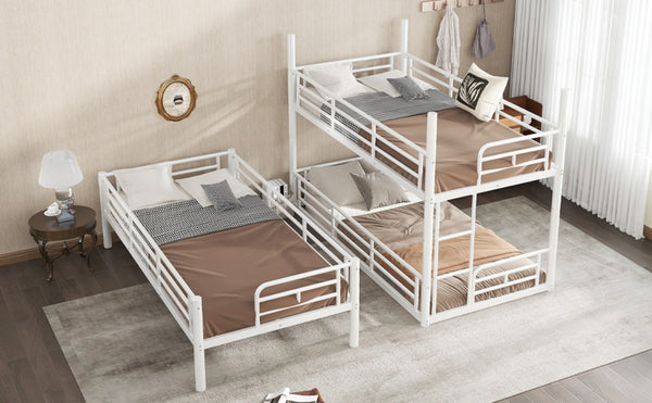English Elm Twin Triple Metal Bunk Bed Matte Powder Coated Frame with Full Safety Guardrails Light White W1580S00579