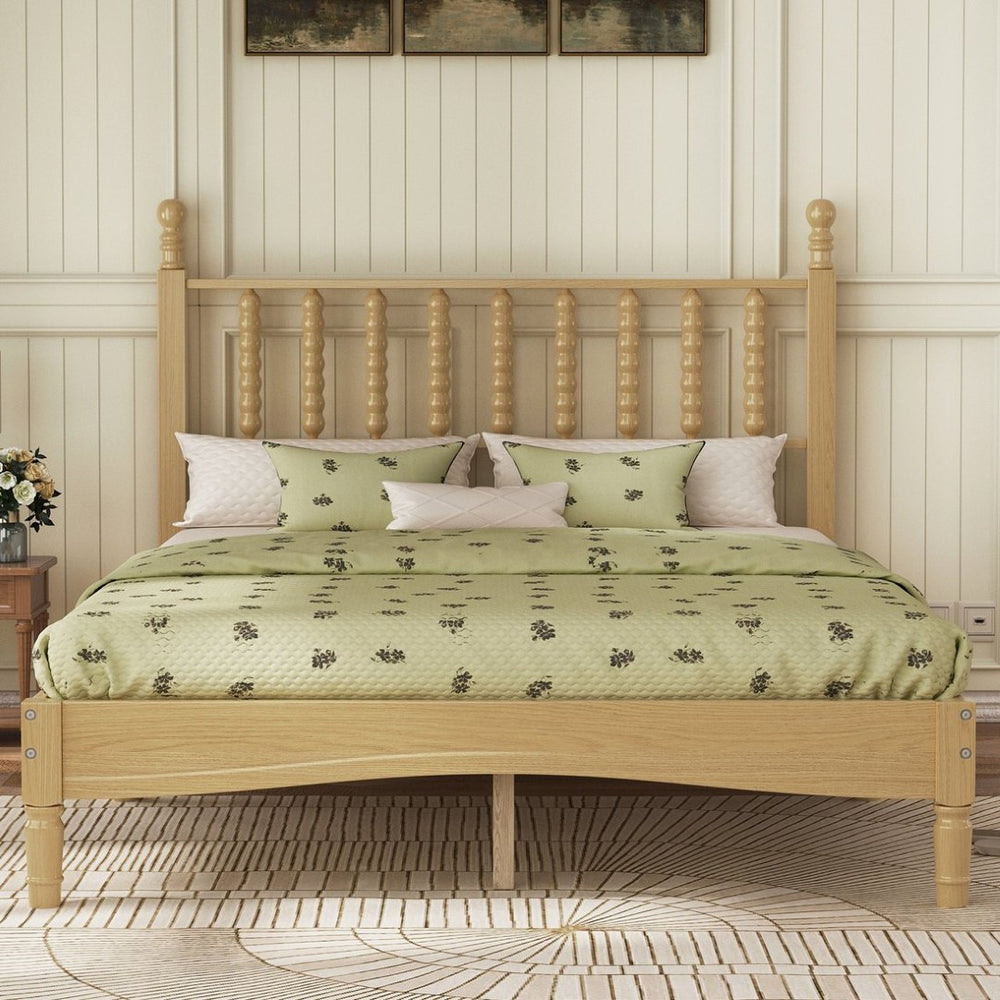 English Elm Full Size Rubberwood Platform Bed Gourd Headboard Retro Bohemian Bedroom Frame N733P338317M