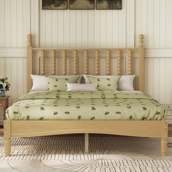 English Elm Full Size Rubberwood Platform Bed Gourd Headboard Retro Bohemian Bedroom Frame N733P338317M
