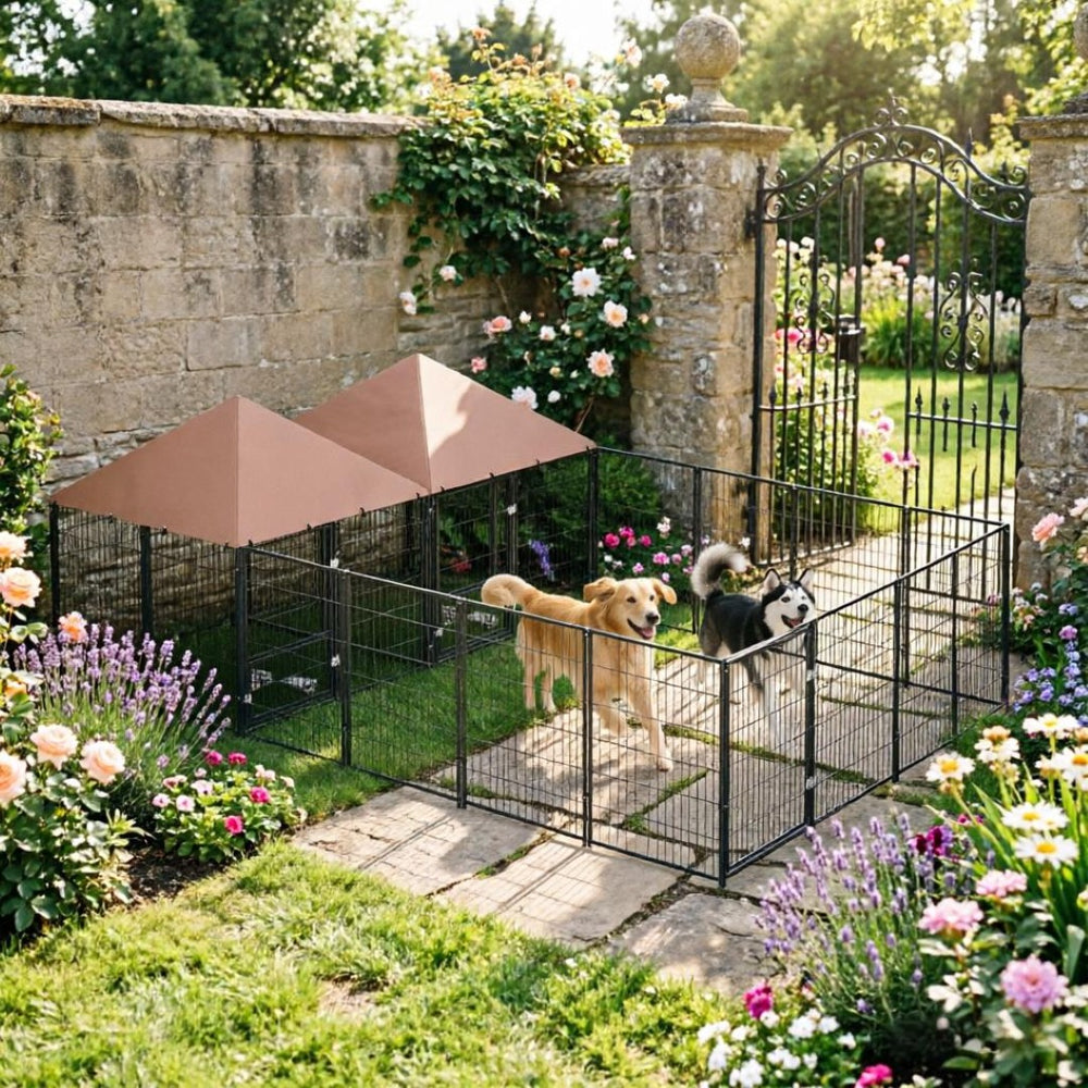 English Elm Large Steel Welded Wire Outdoor Dog Kennel Two Rooms Pvc Roof Adjustable Bowls T3971S00246