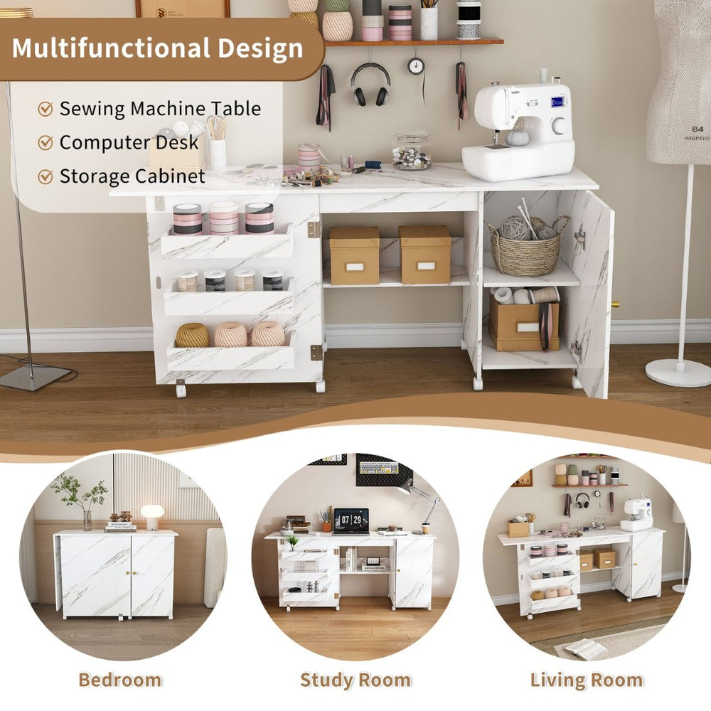 English Elm 57.5" Foldable Craft Station Rolling Sewing Table with Cabinet Bins and Open Shelf W2700P391395