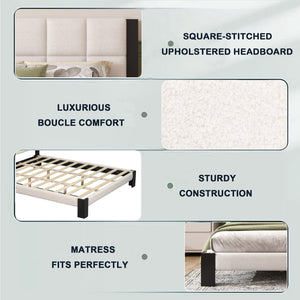 English Elm Christopher Knight Home® - Boucle Cal King Upholstered Platform Bed with Square-Stitched Headboard, Beige Fabric & Black Legs N758C546162A