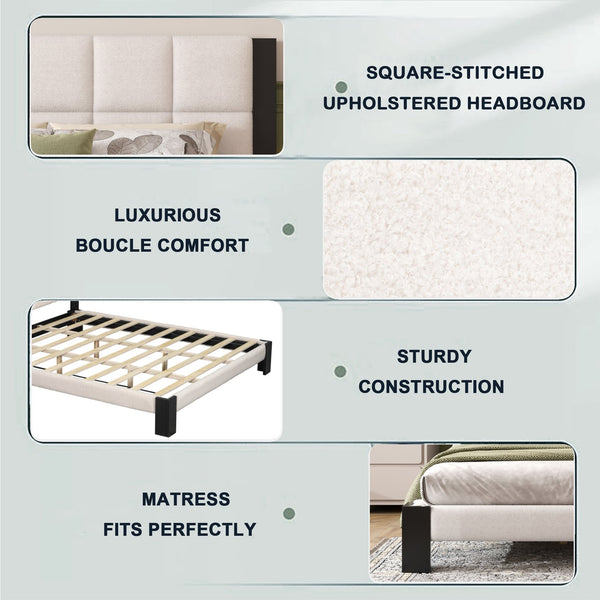 English Elm Christopher Knight Home® - Boucle Cal King Upholstered Platform Bed with Square-Stitched Headboard, Beige Fabric & Black Legs N758C546162A