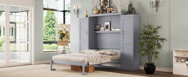 English Elm Full Full Size Murphy Bed with Two Wardrobes and Foldable Platform, Space-Saving Modern Guest Solution Gray 84.9 L x 12 W x 7 H N733S235596E