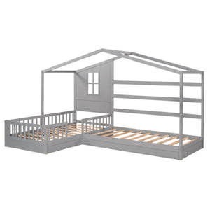 English Elm Wood House Bed L Shaped Twin Frame Solid Pine Kids Bedroom with Fence Rail Slats LP001345AAE