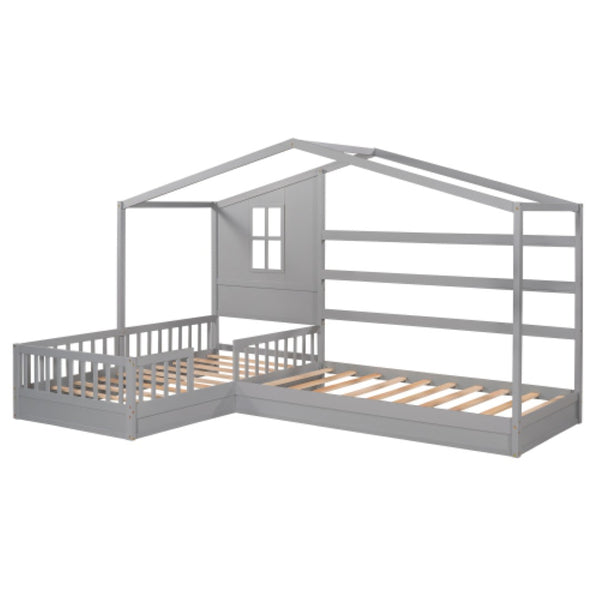 English Elm Wood House Bed L Shaped Twin Frame Solid Pine Kids Bedroom with Fence Rail Slats LP001345AAE